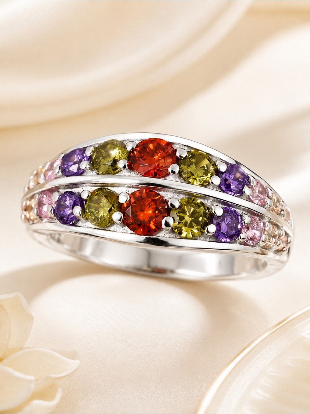 Simulated Multi Color Diamond Ring Platinum Bond Brass 3.81 ctw Size 5.5
